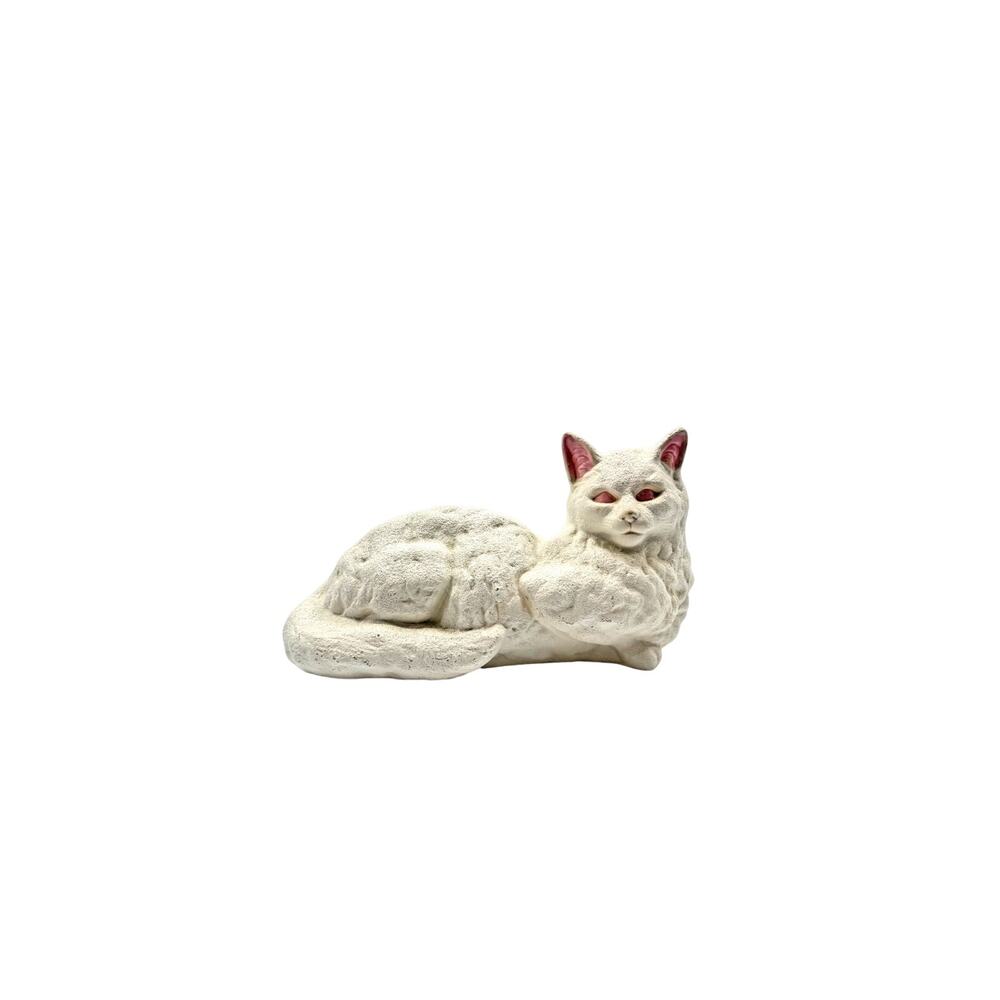 Long Haired Cat Statue With Pink Ears and Eyes Ceramic Textured White 12in